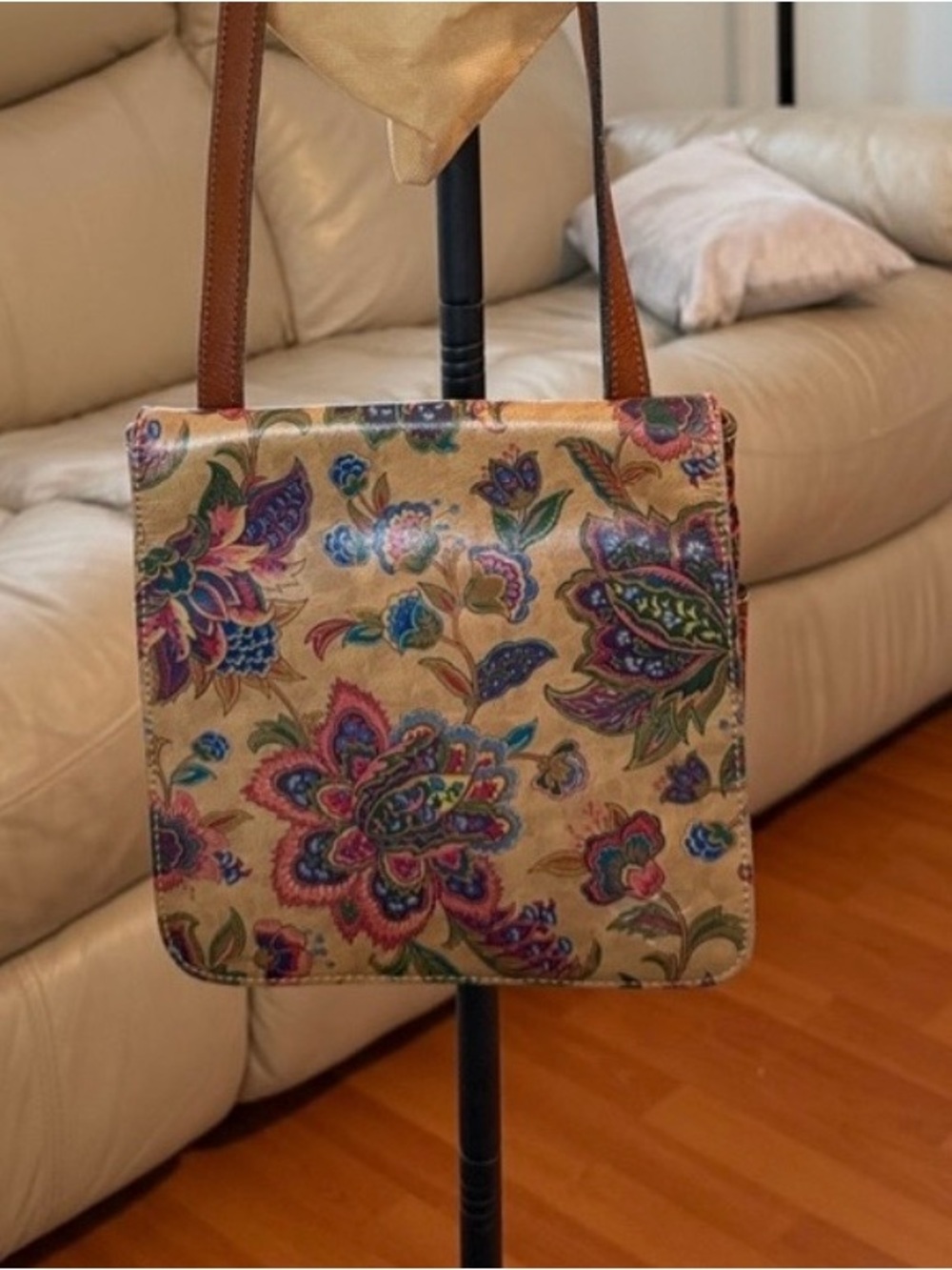 Patricia Nash Beige Floral Shoulder Bag with Brown Straps